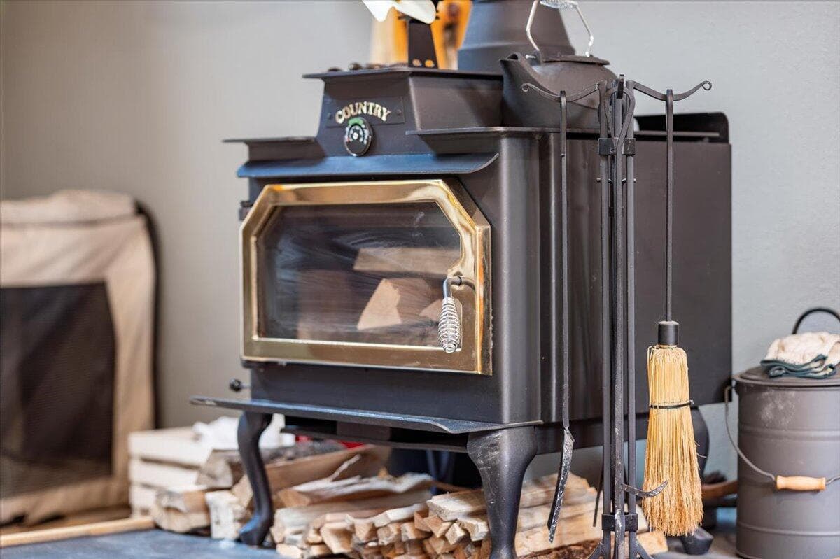 Woodstove sits on Slate Slab