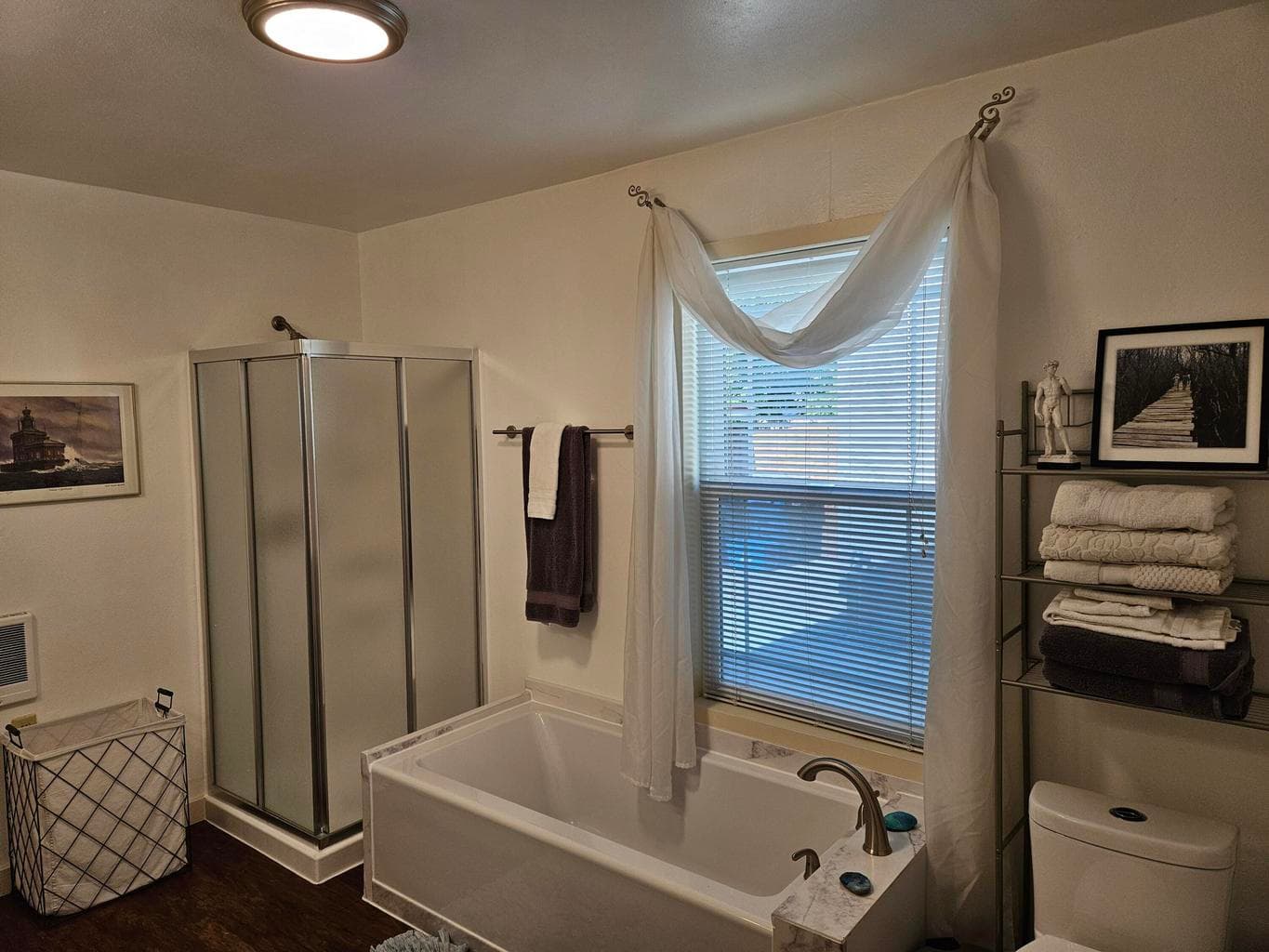 Stall corner shower and soaking tub