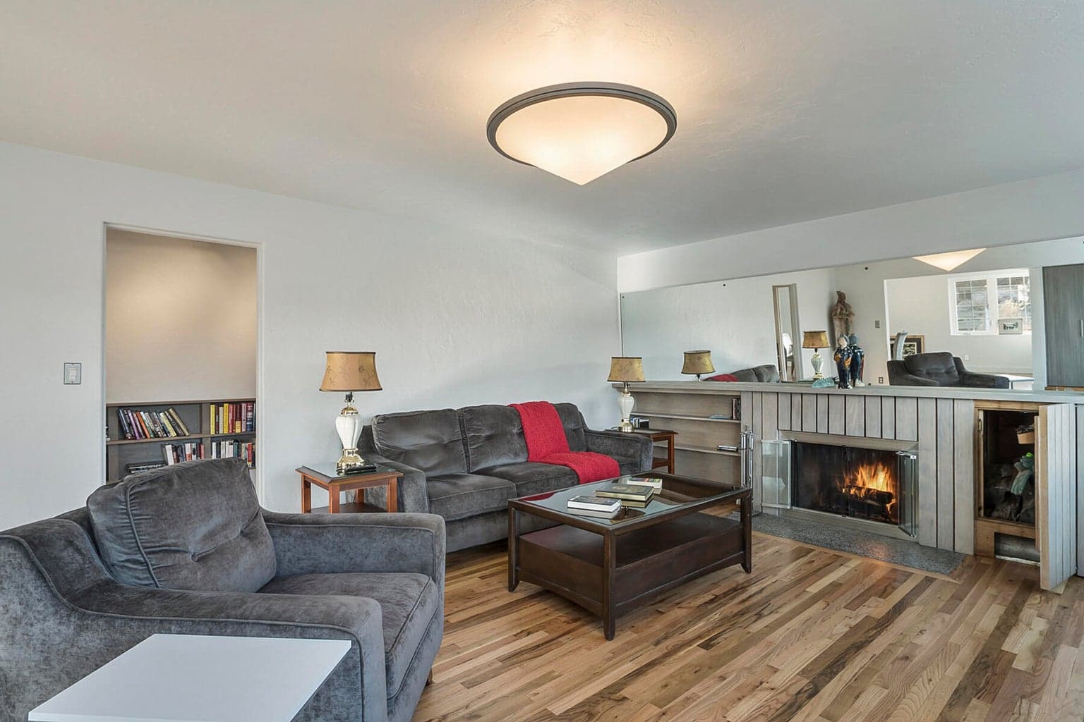 Living room wood fireplace