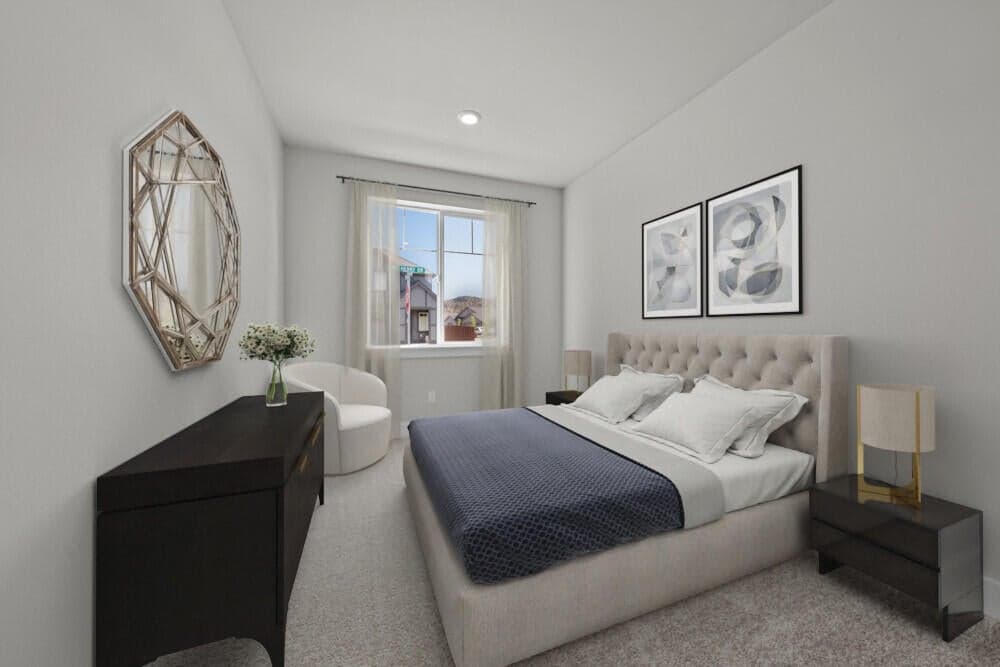 Second guest room with ensuite bath - Virtual staging. Upgrades present. Specs and selections vary.