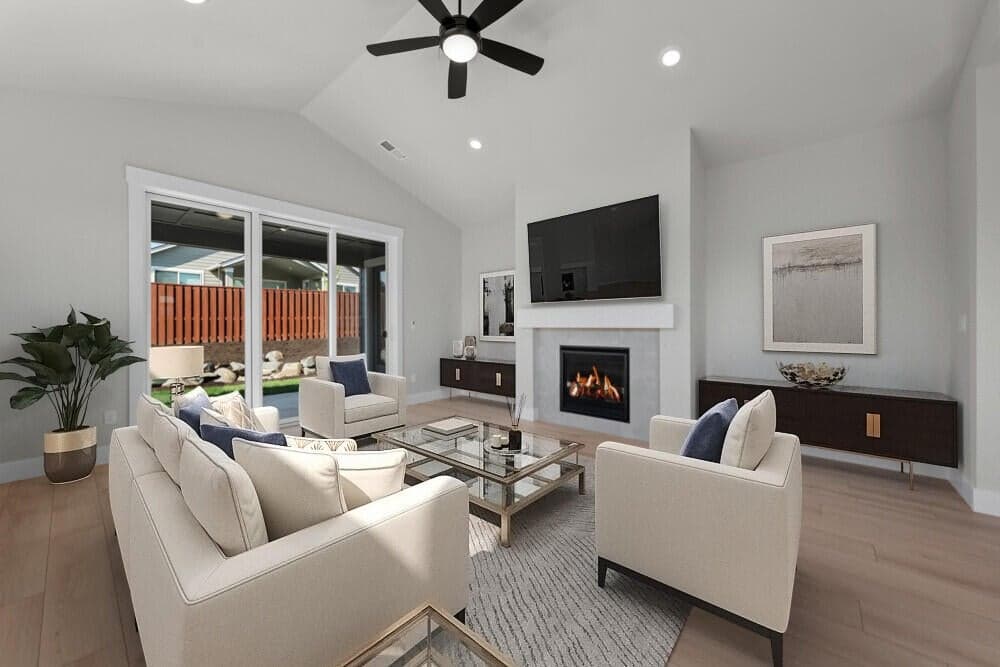Greatroom - Virtual staging. Upgrades present. Specs and selections vary.