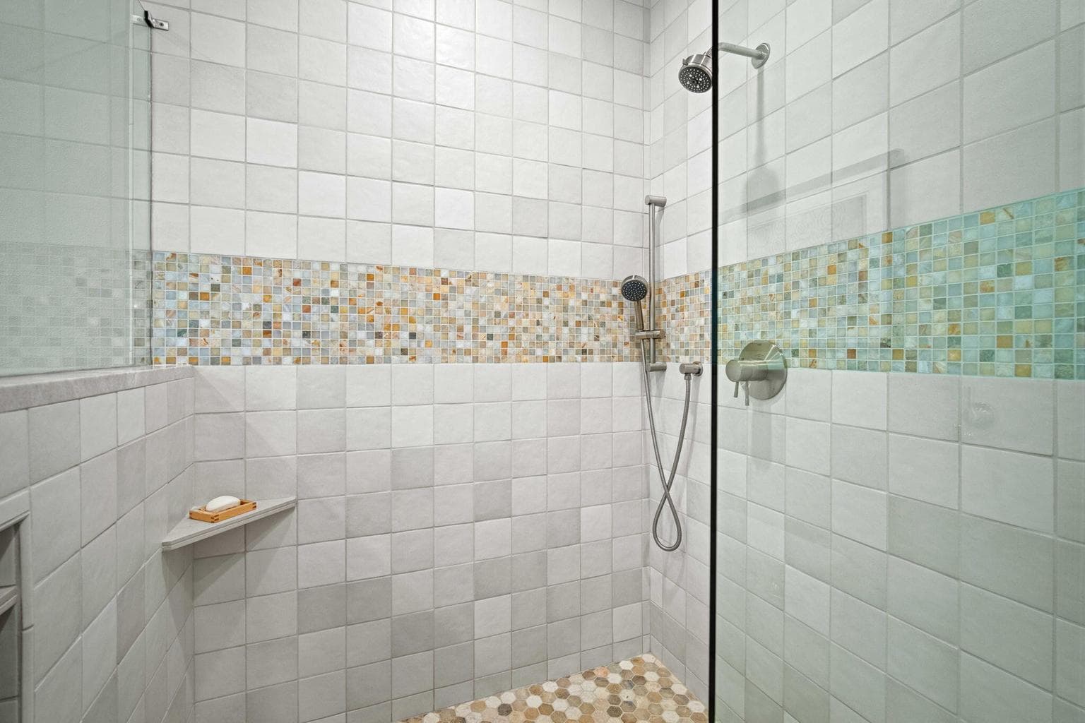 Walk in tile and glass shower