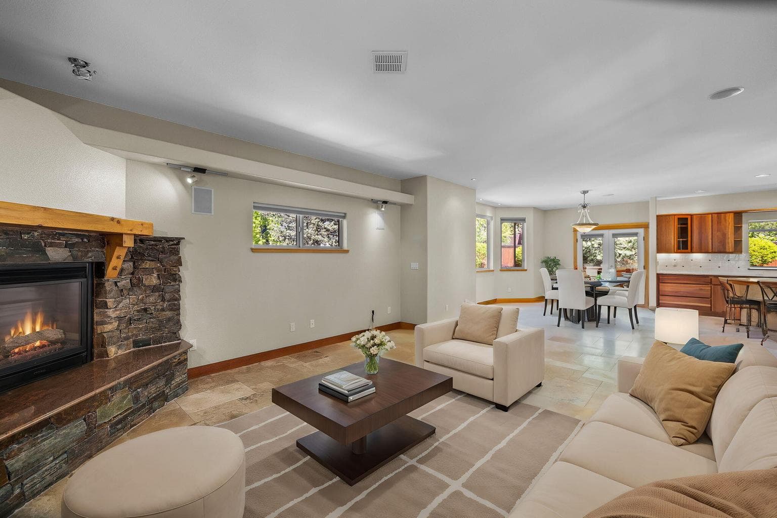 Virtually staged spacious living area.