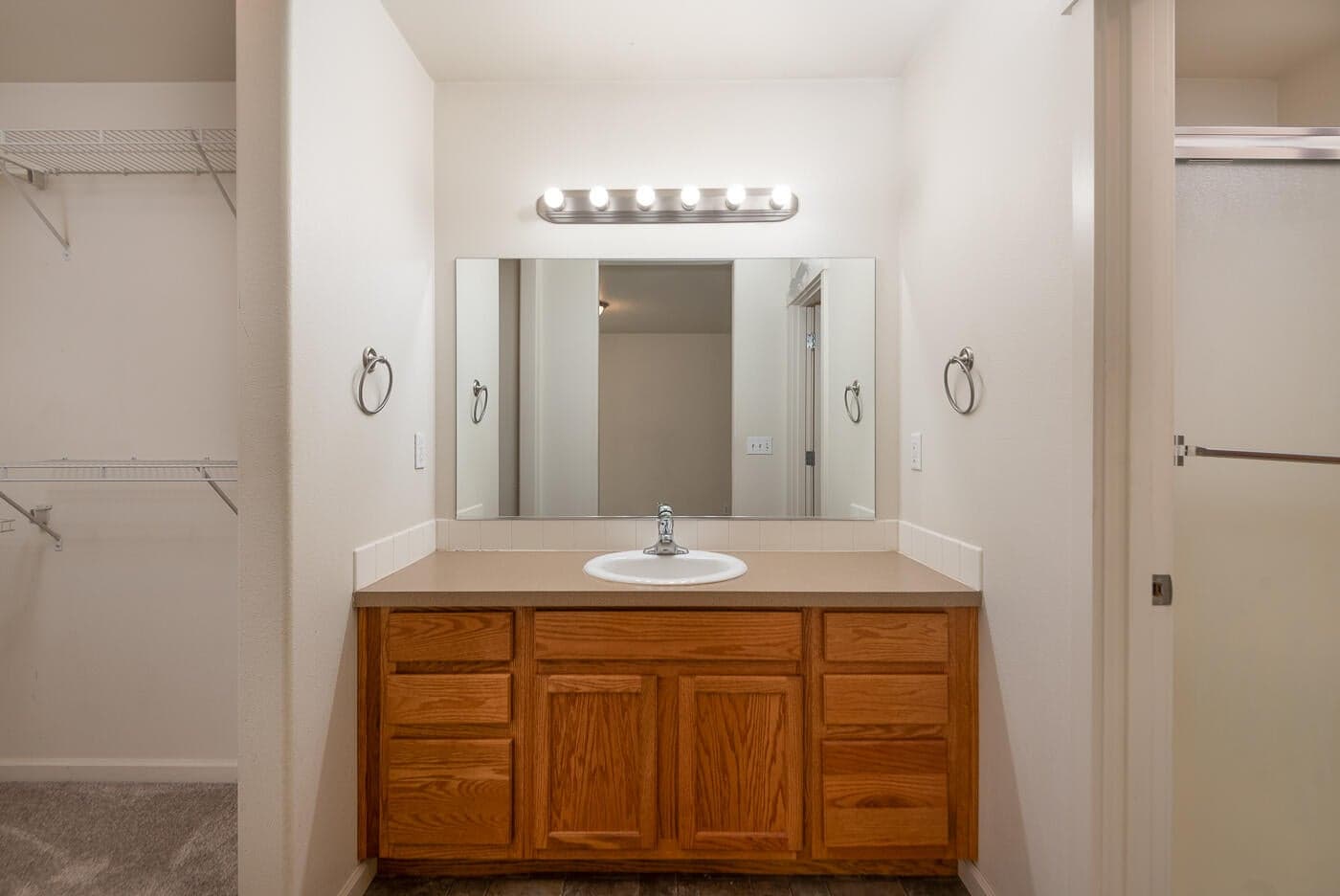 Primary bathroom with attached large closet.