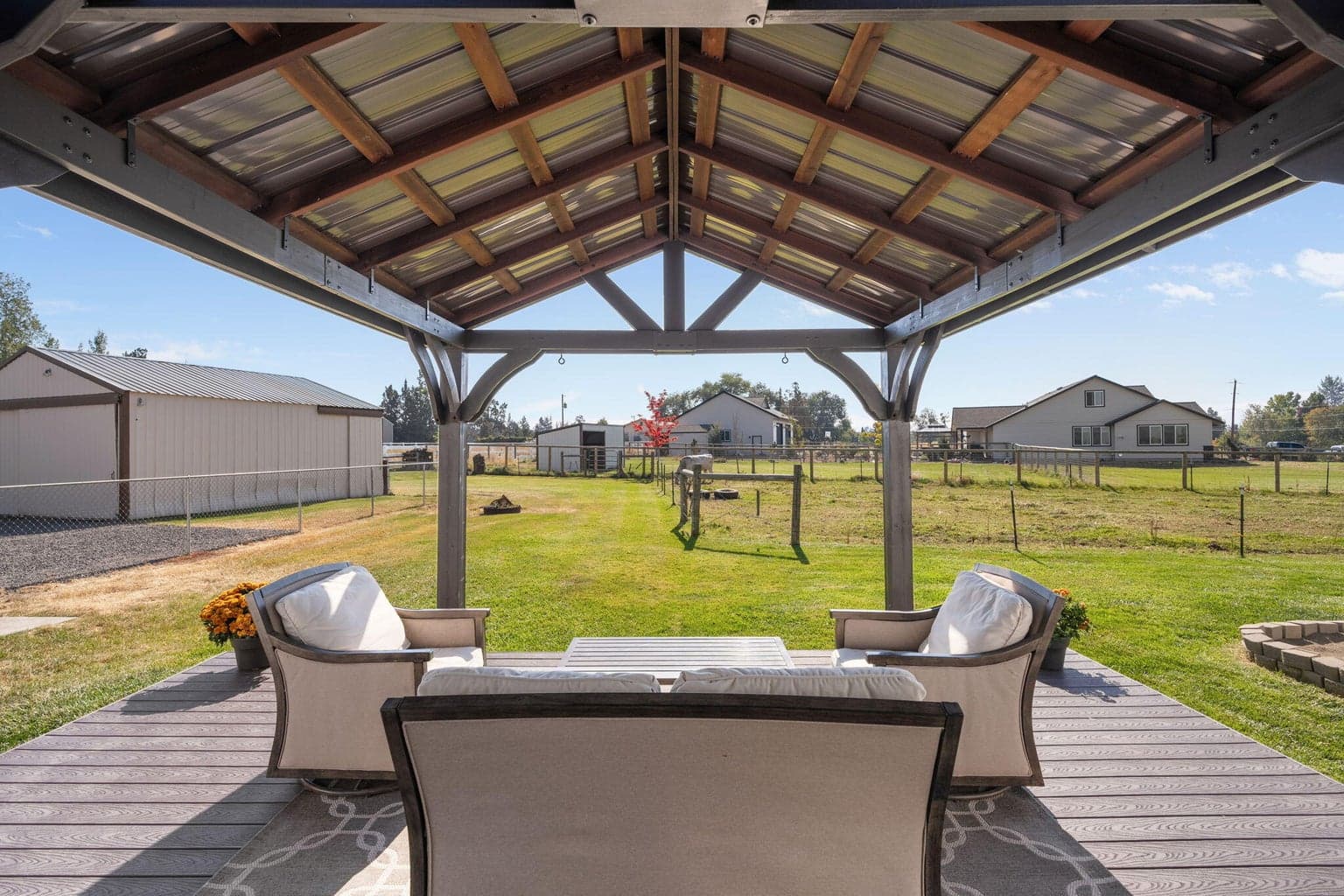 Gazebo covered trex deck in backyard