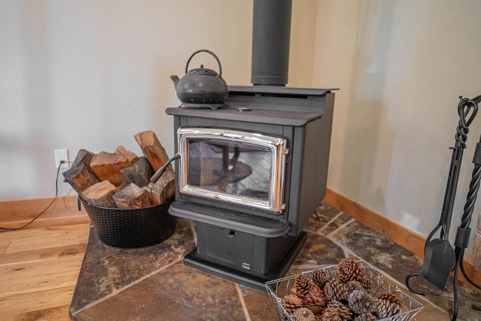The cozy woodstove, combined with an excellent insulation package and a high efficiency heating/cooling system with heat pump keep operating costs down.