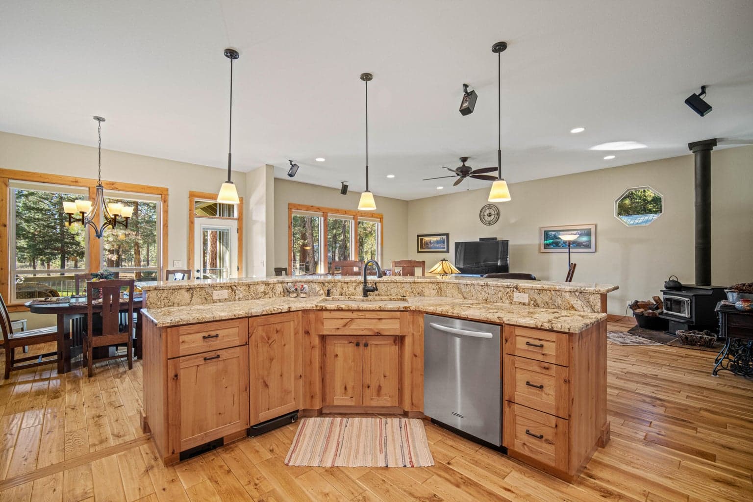 A large kitchen island provides additional storage space.