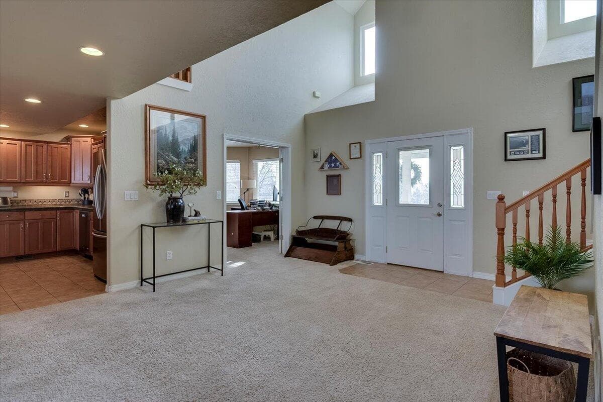 From living room. L-R, Kitchen, office, entry, stairs