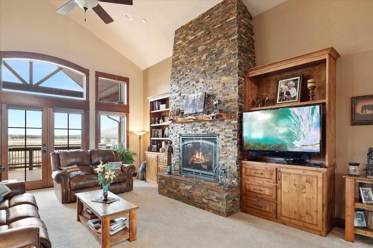 Floor to ceiling rock fireplace