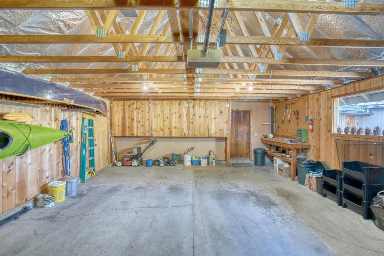 Built-in workbench and storage cabinets.
