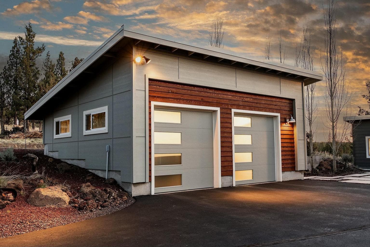 Modern detached 2-car garage with room for vehicles, projects, or storage.