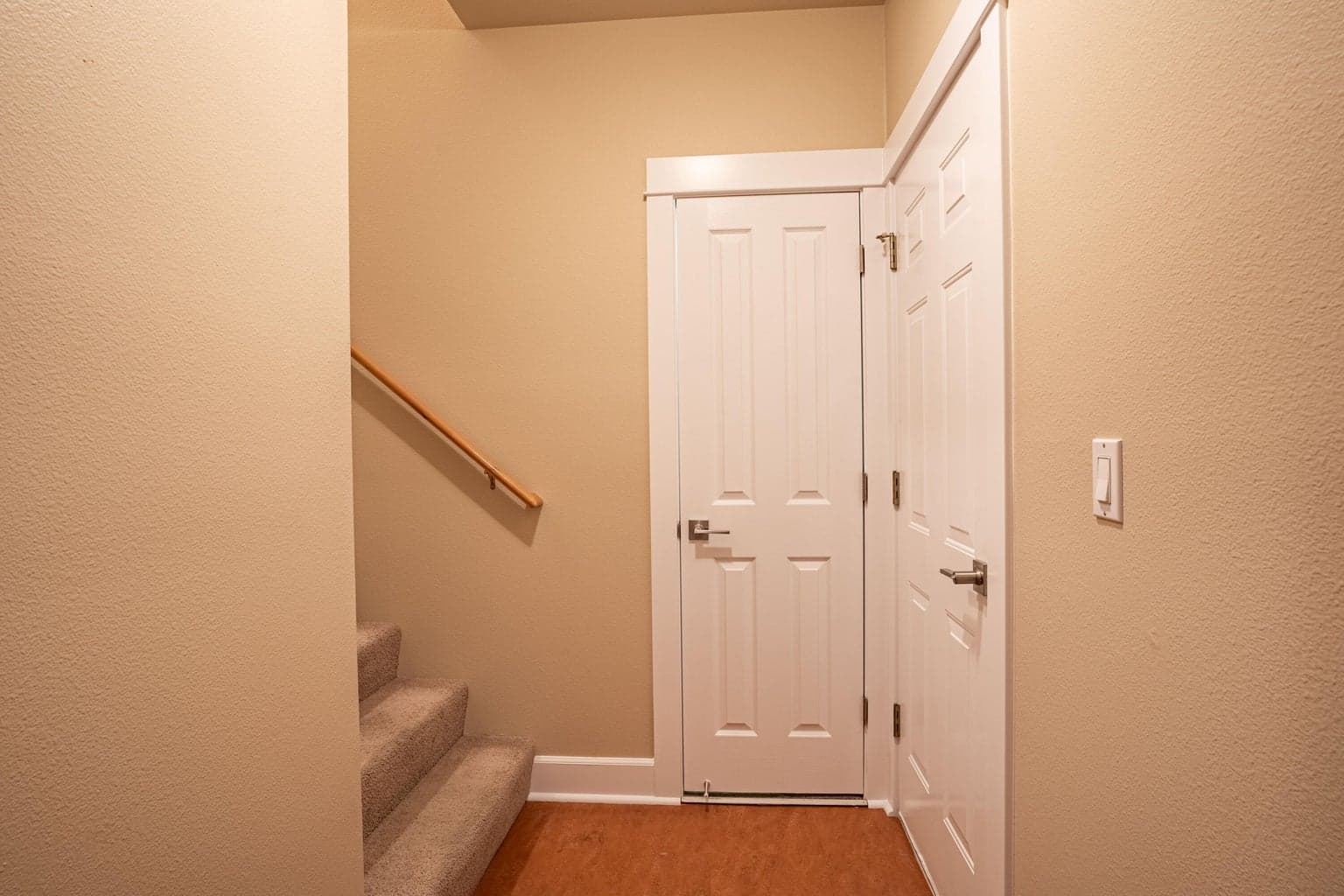 The lower level of the home offers a hall closet, access to the garage, and a family/bonus room