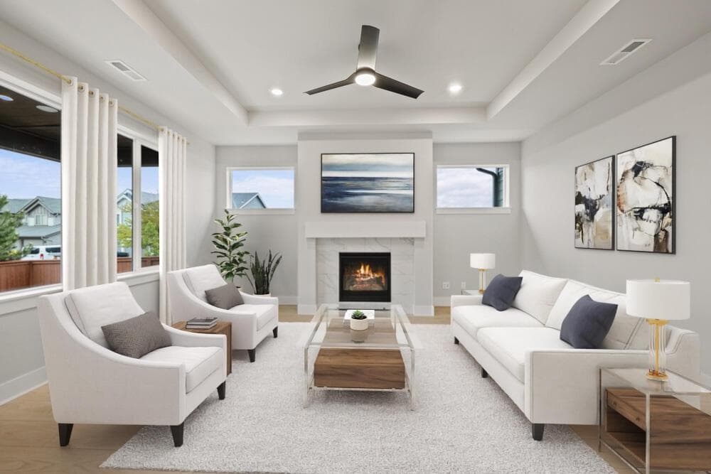 Virtual staging, subject property - Large great room with gas fireplace, coffered ceiling with fan overlooking the covered rear patio and landscaped rear yard.