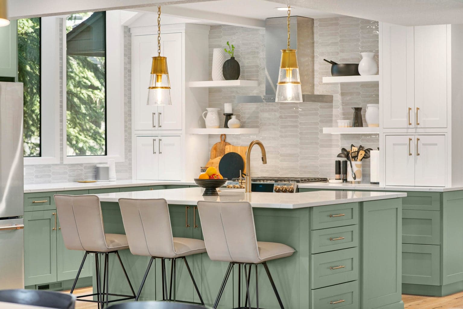 Updated kitchen blends modern farmhouse charm with upscale contemporary design.