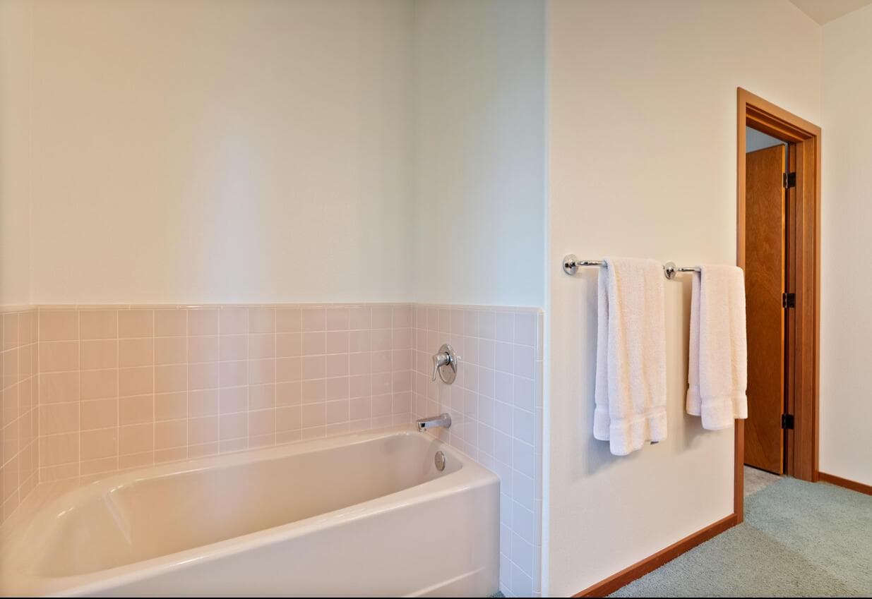 Soaking tub and separate shower behind the door with the toilet.