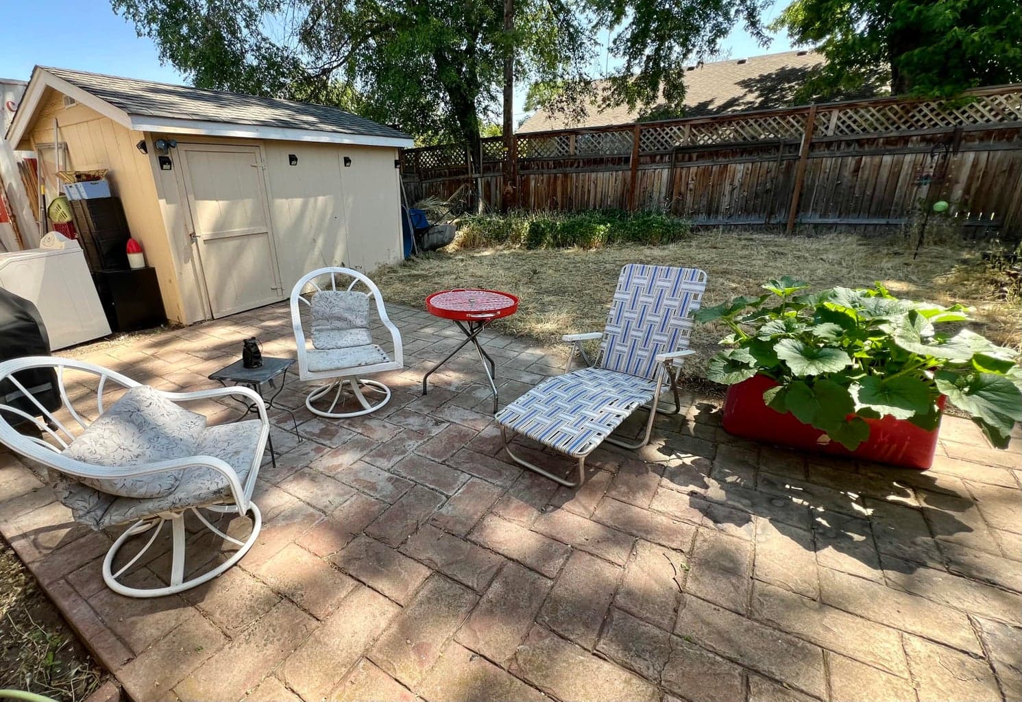 Back patio, fenced yard, and garden shed.