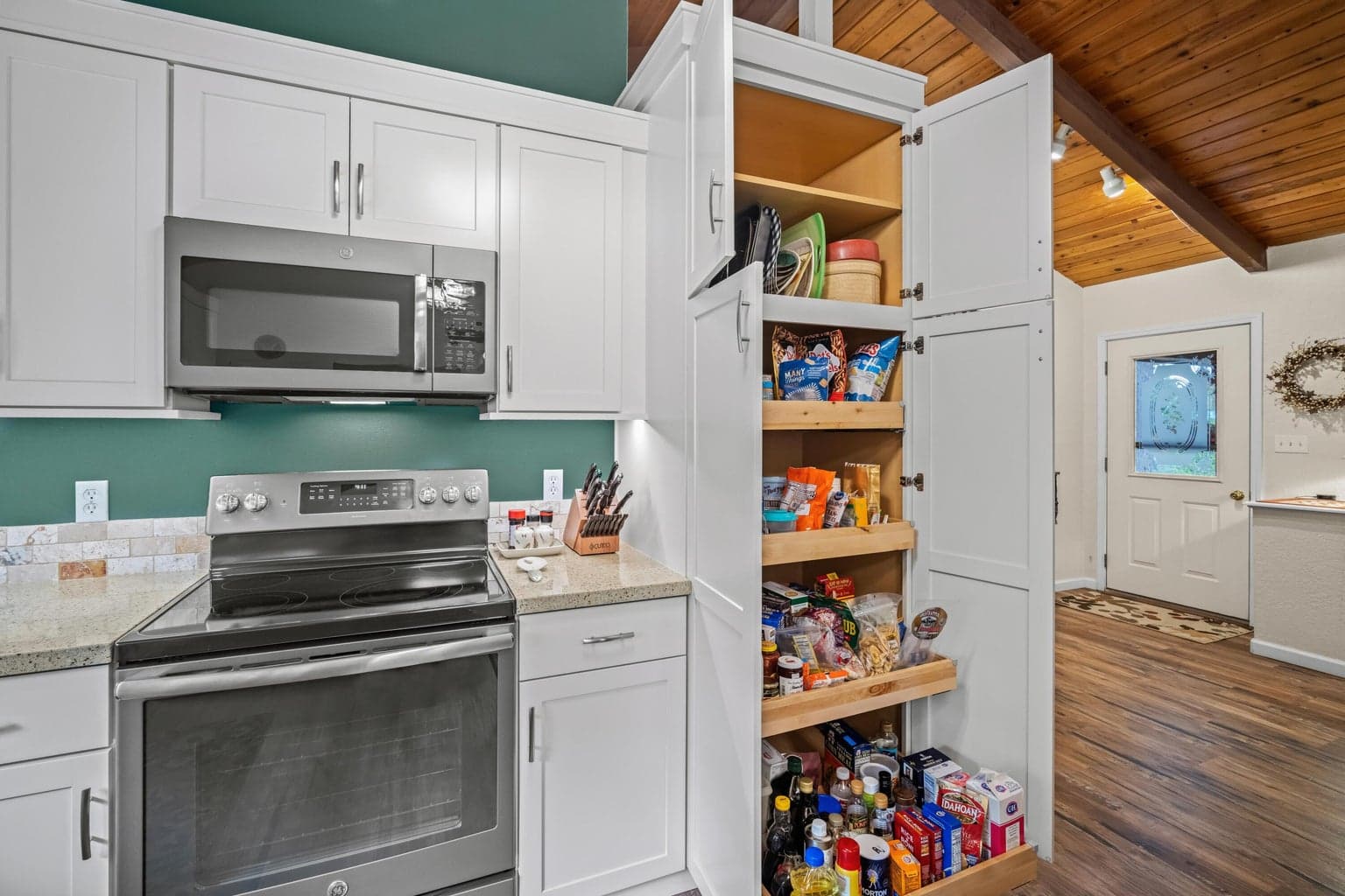 Pantry has convenient pull out shelves