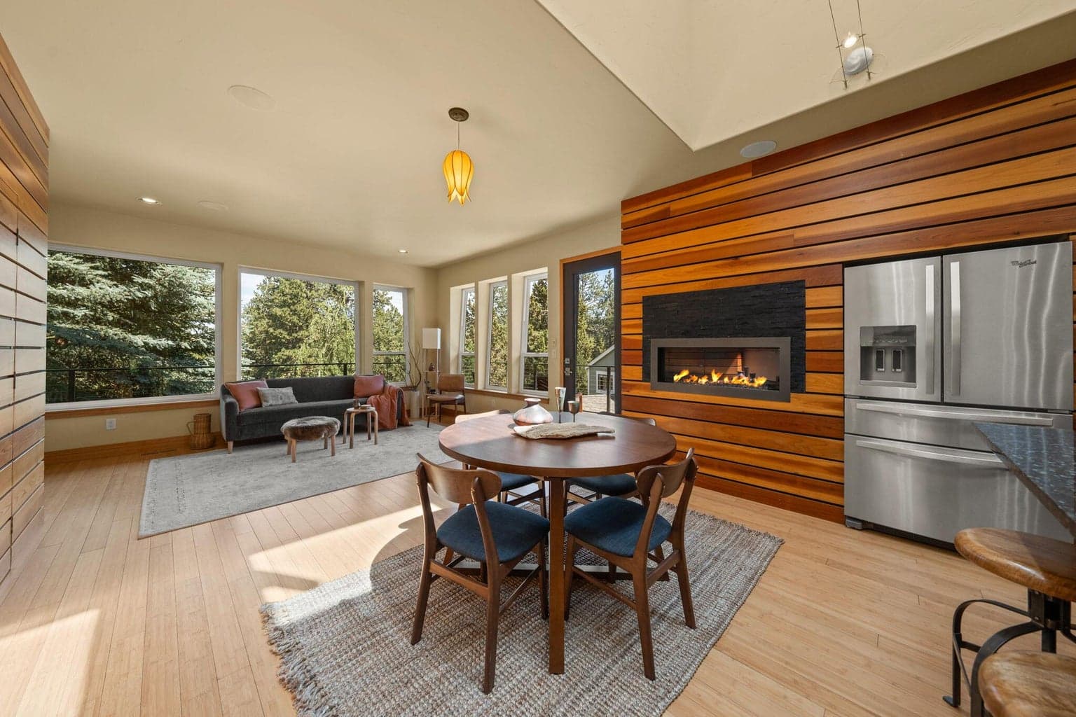 Open dining with gas fireplace