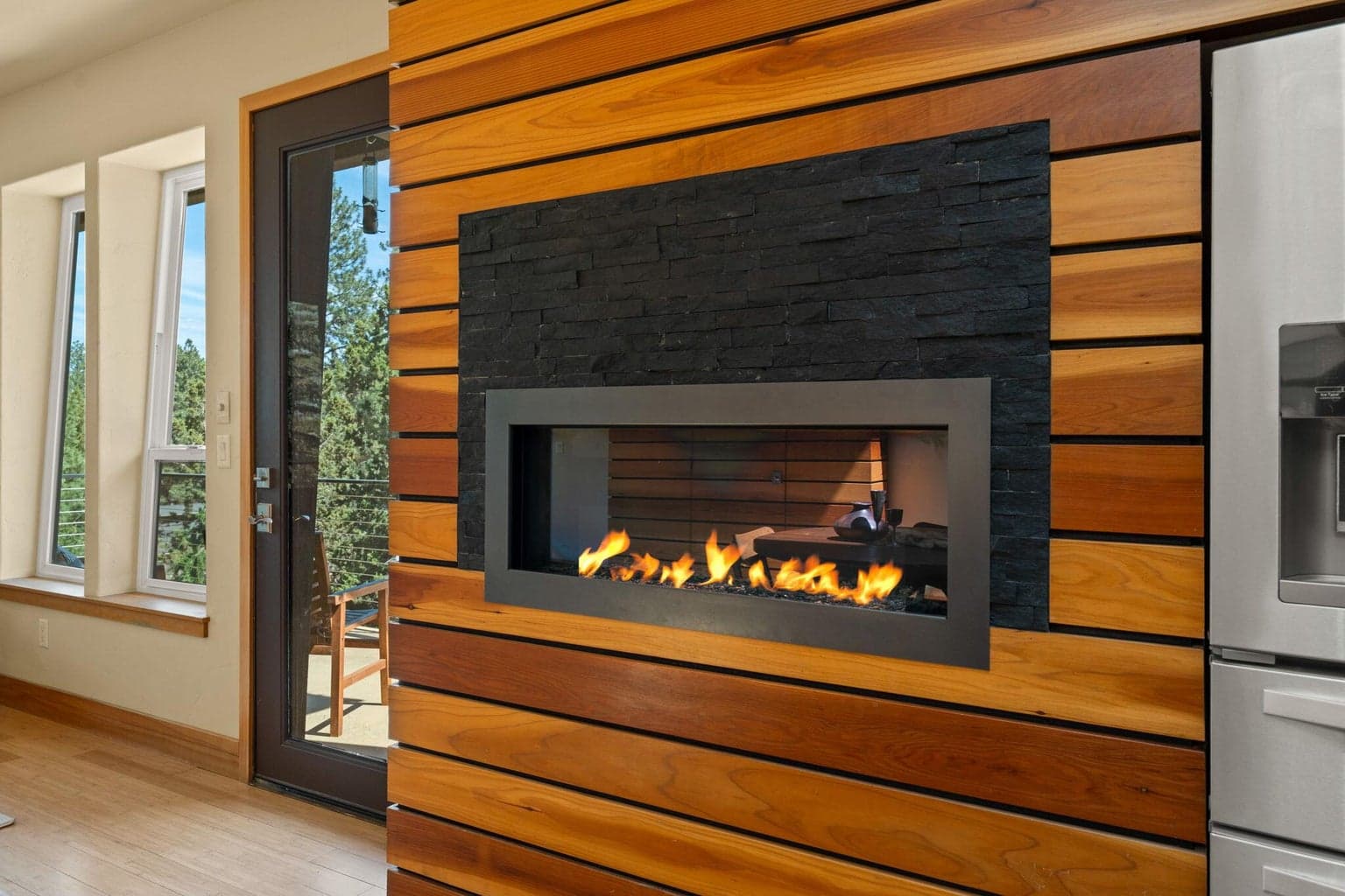 Gas fireplace in dining area