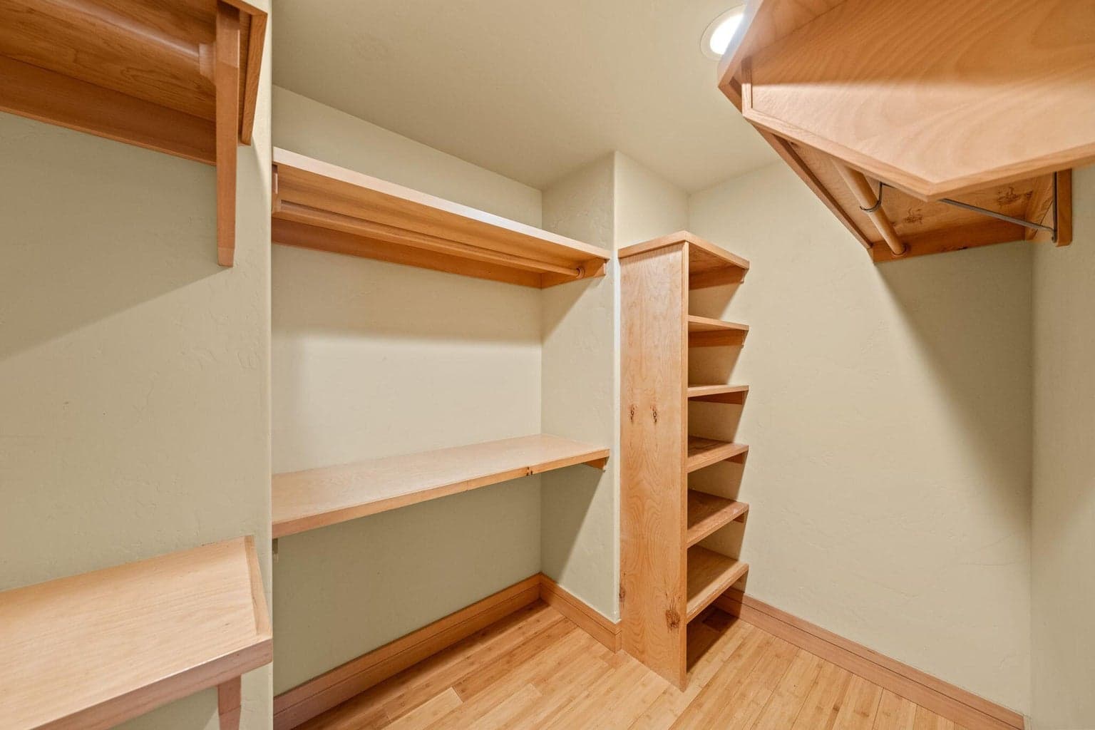 Primary bedroom closet, full wood, custom shelves