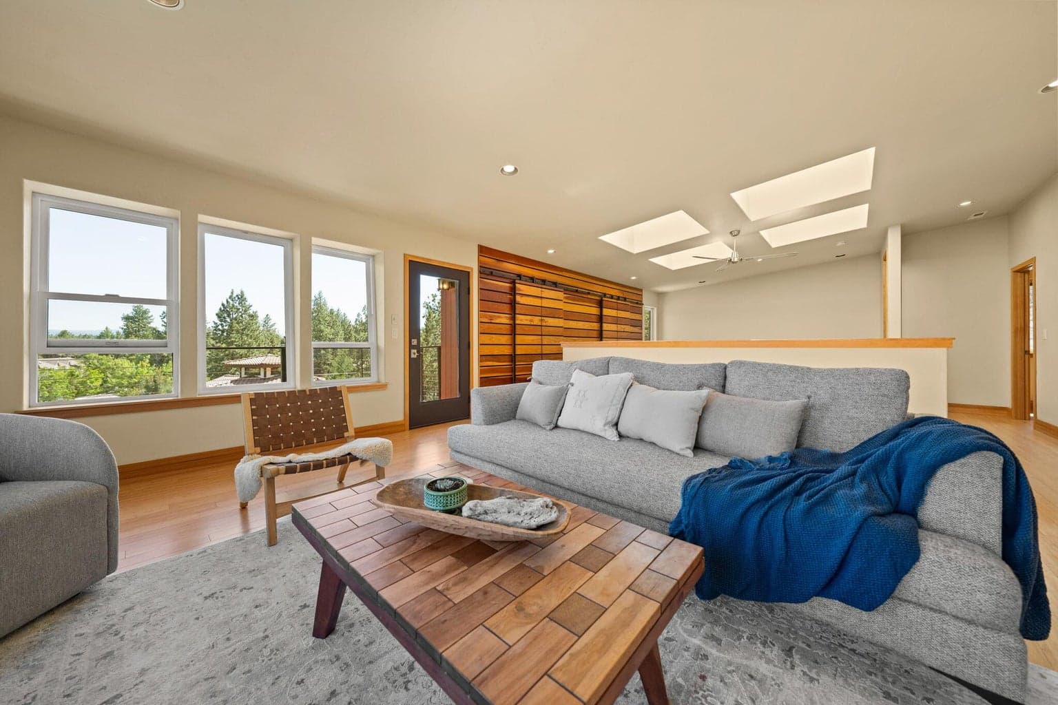 Upstairs living room, skylights and custom storage cabinets with sliding doors