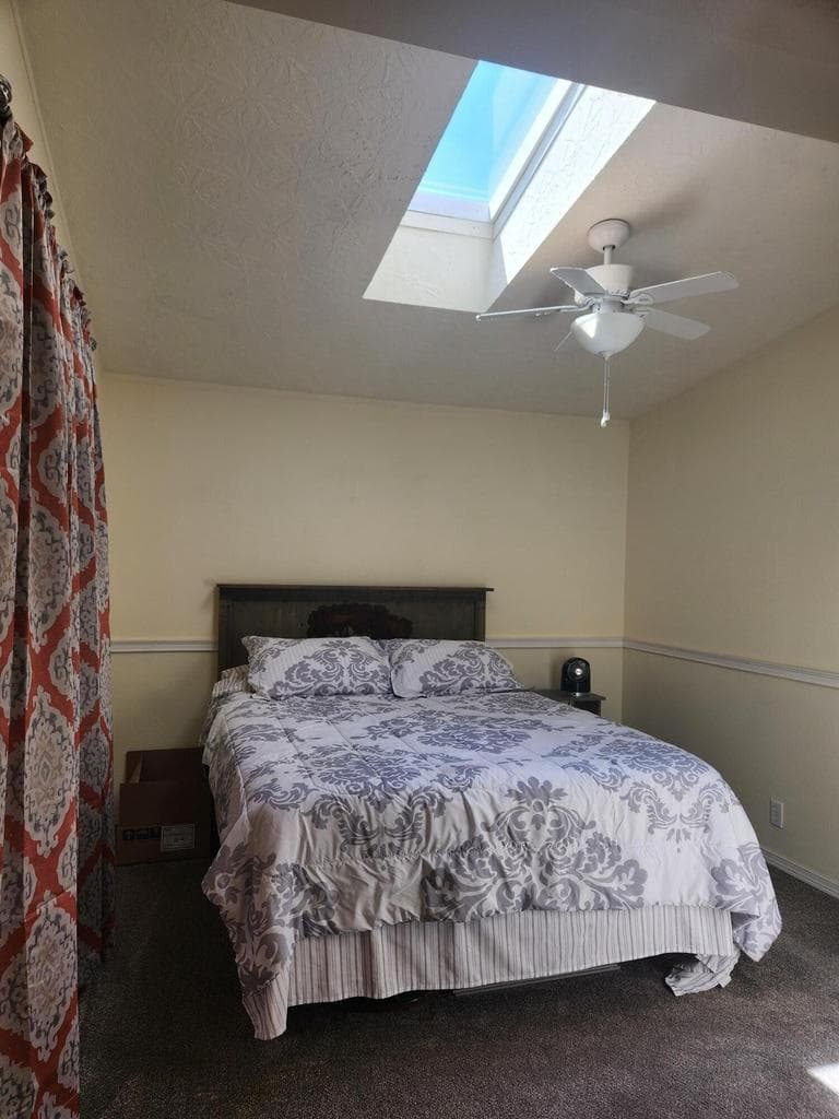 2nd bedroom has new carpet, skylight and ceiling fan.