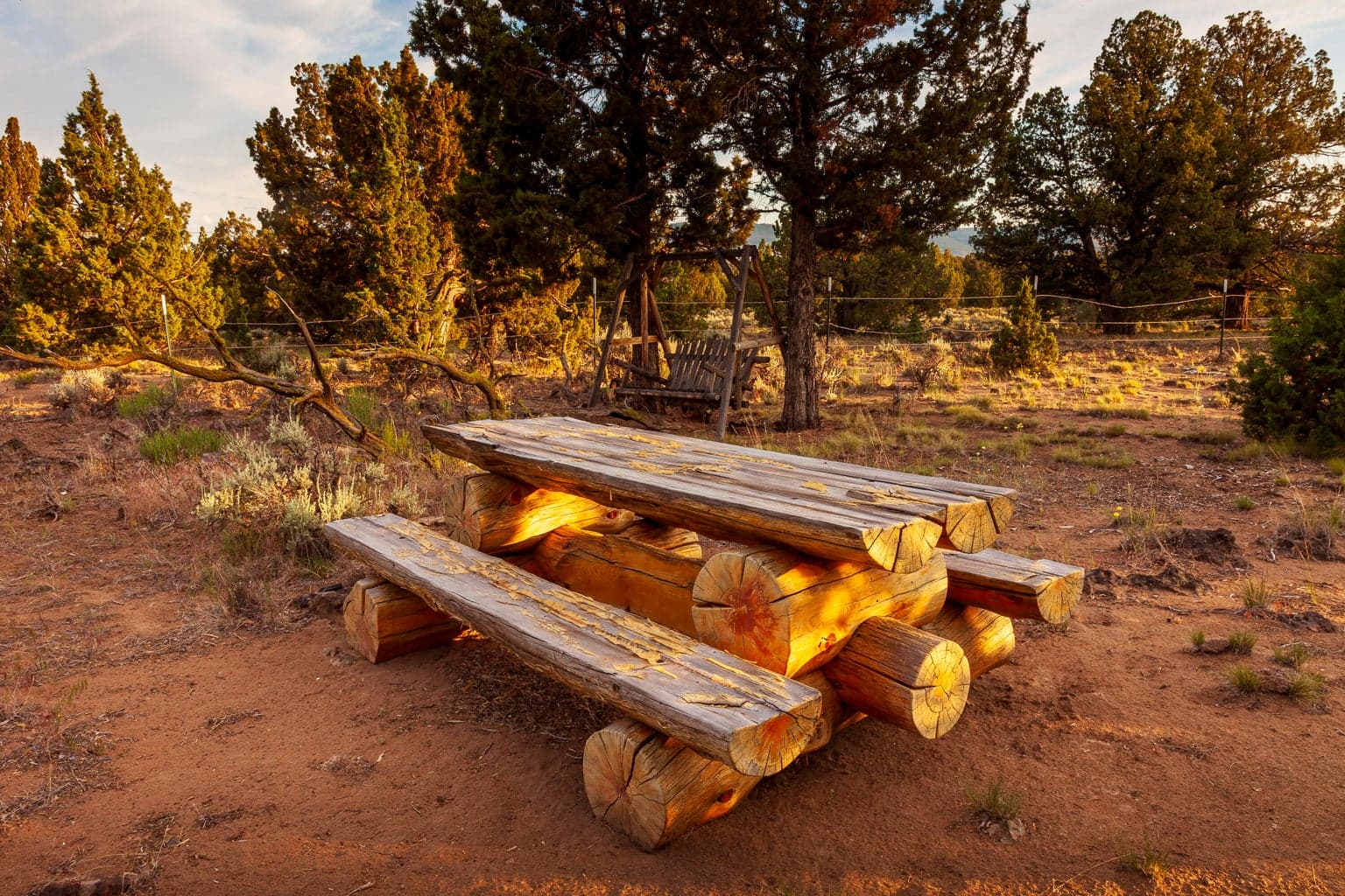 Juniper log picnic table is included in sale.