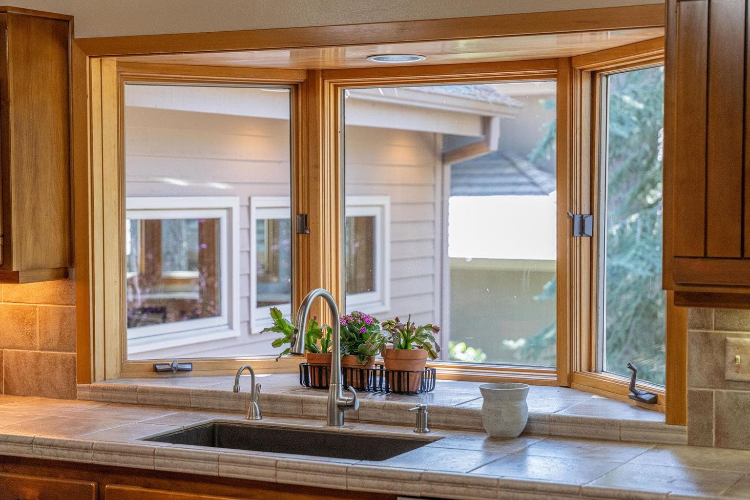View of kitchen bay window.