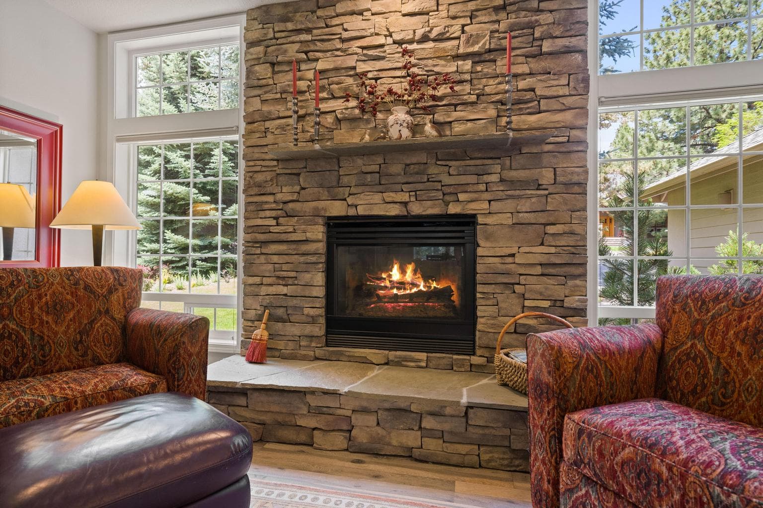 Celebrate the holidays with family and friends.around the beautiful rock fireplace.