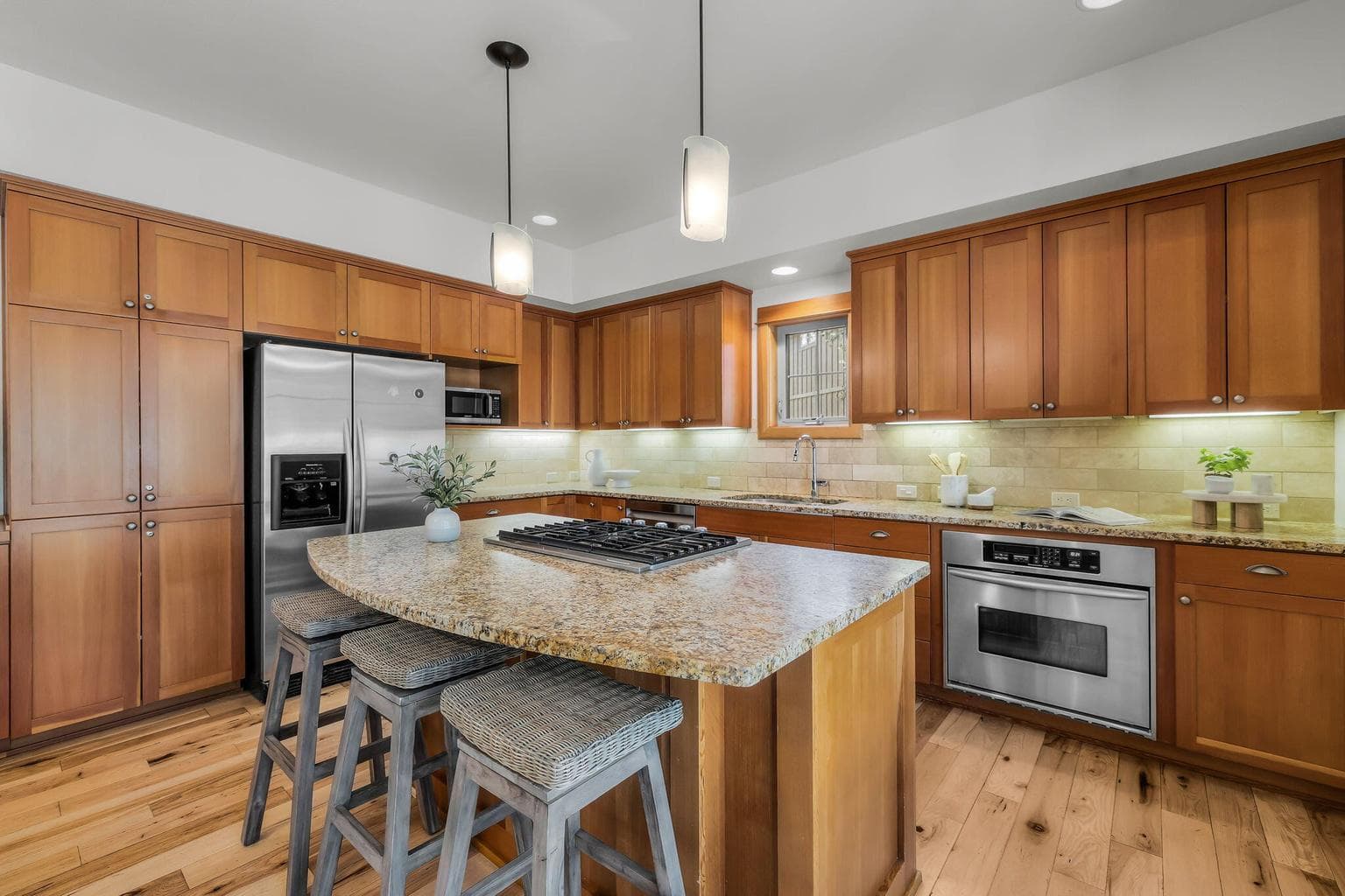 Kitchen, New cooktop and refrigerator.