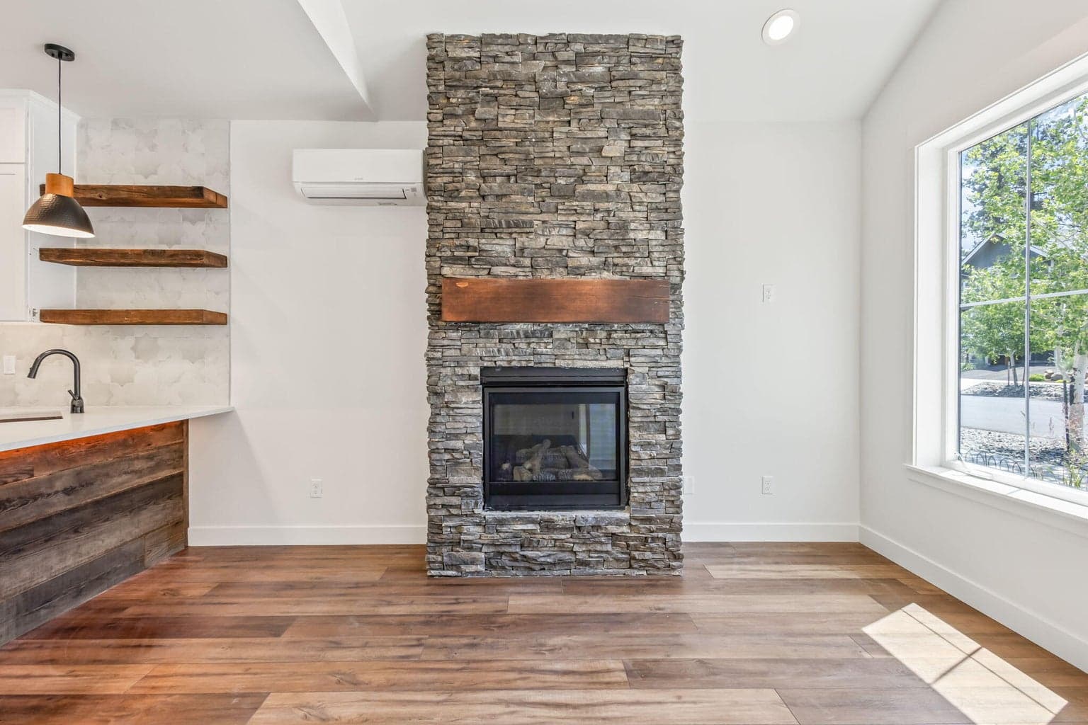 living room, stone fireplace