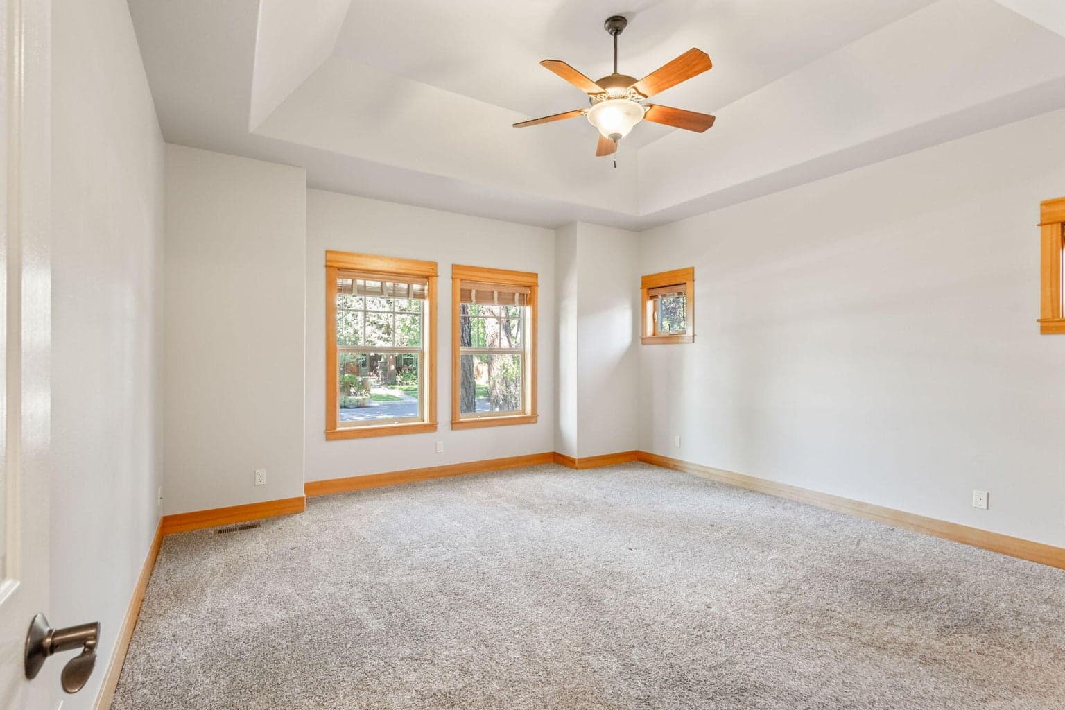 Main level primary with ceiling fan.