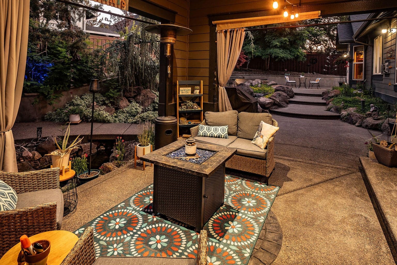 Covered patio adds warmth in the cooler months and shade in the warmer months.