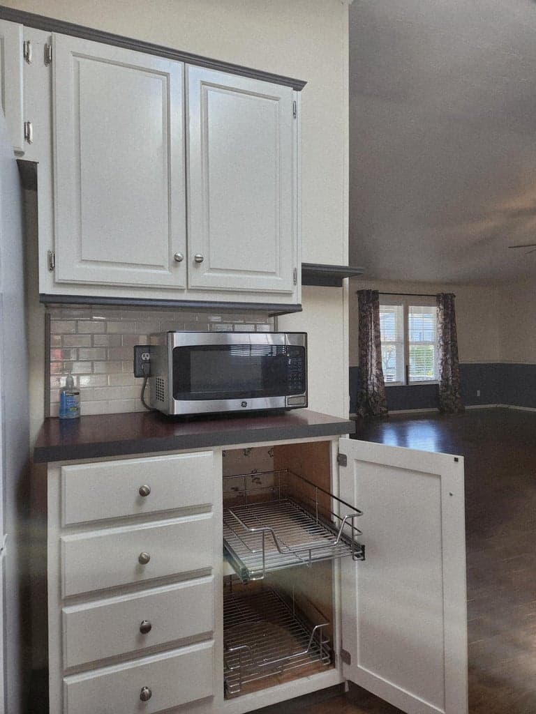 Pull out drawers in cabinets.