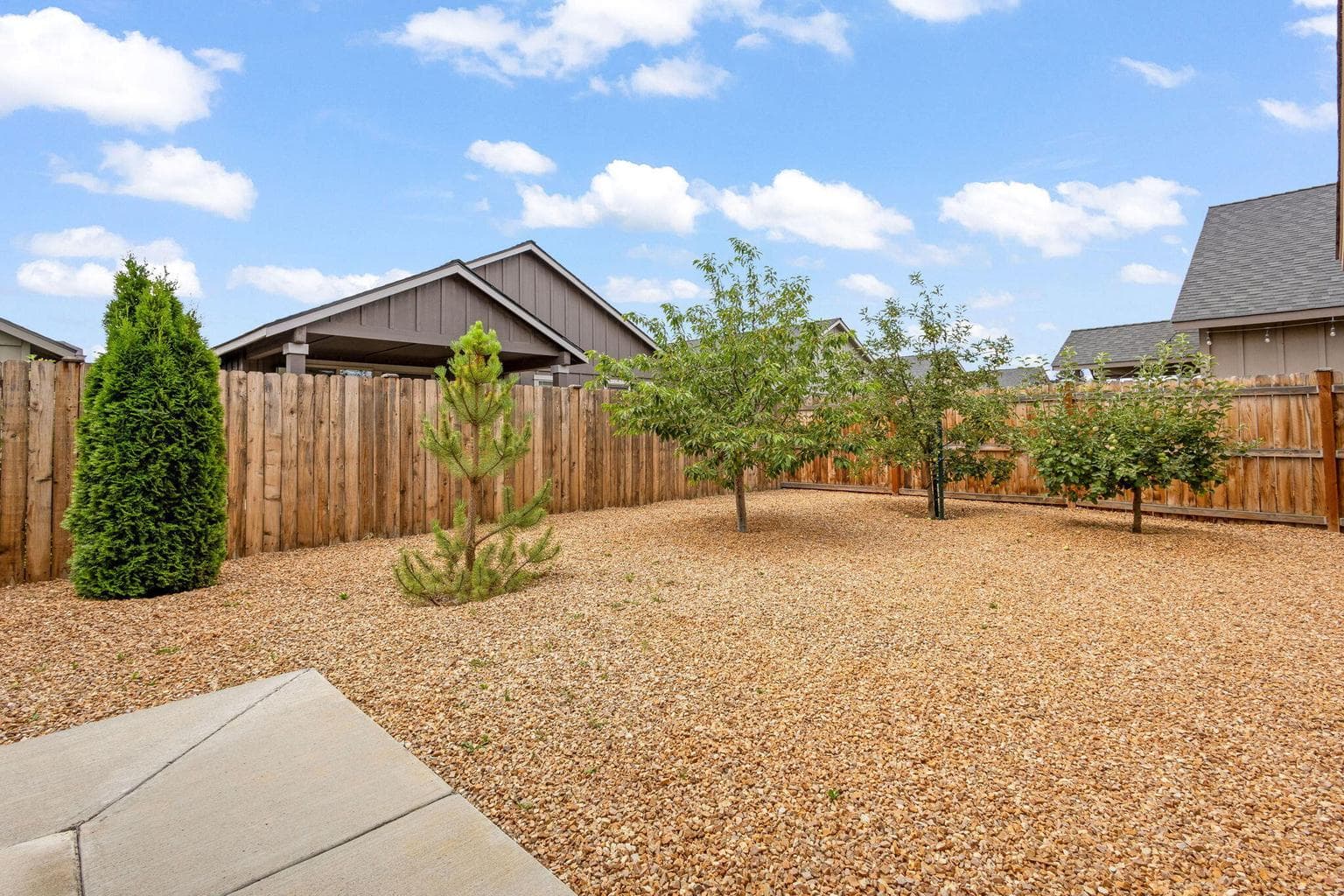 Xeriscaped backyard with mature fruit trees