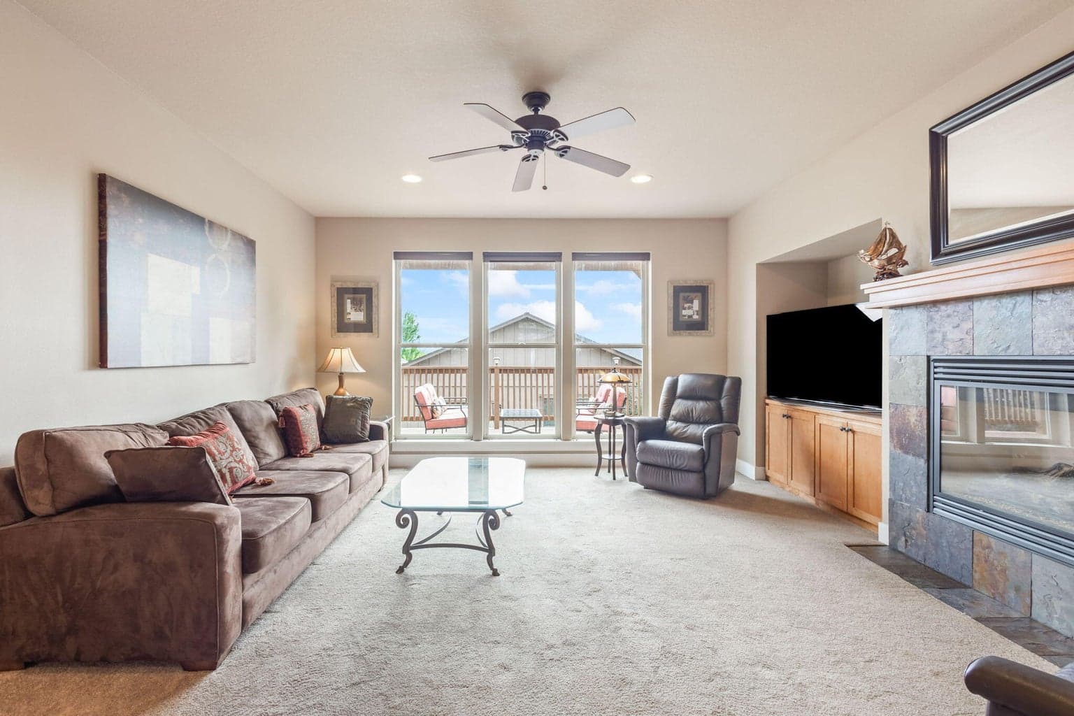 Spacious great room features gas fireplace.