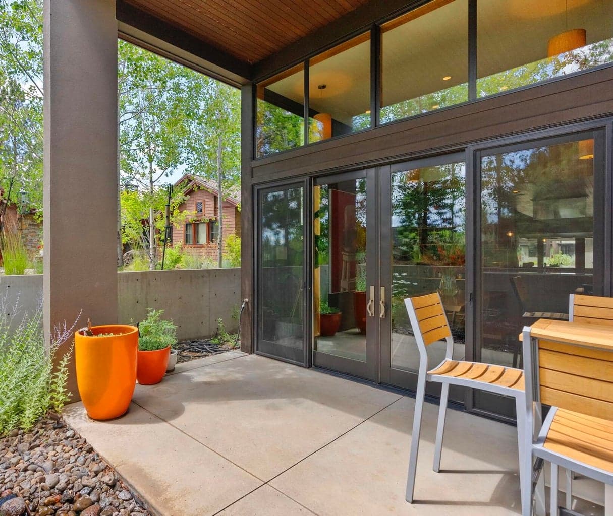 Delightful seating area looking out to Mt. Bachelor. Views and privacy from front patio are protected through a deed restriction across the street.