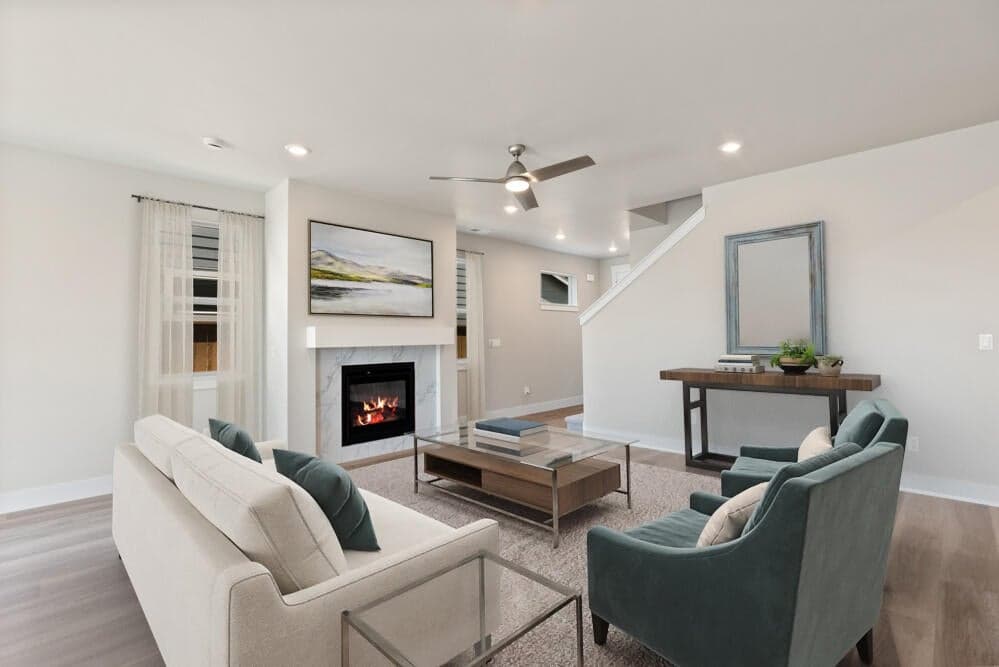 Great room. Photos have been virtually staged.