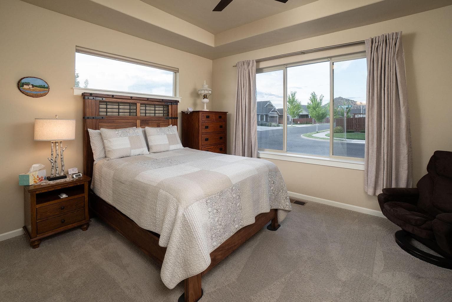 Guest suite with coffer ceiling.