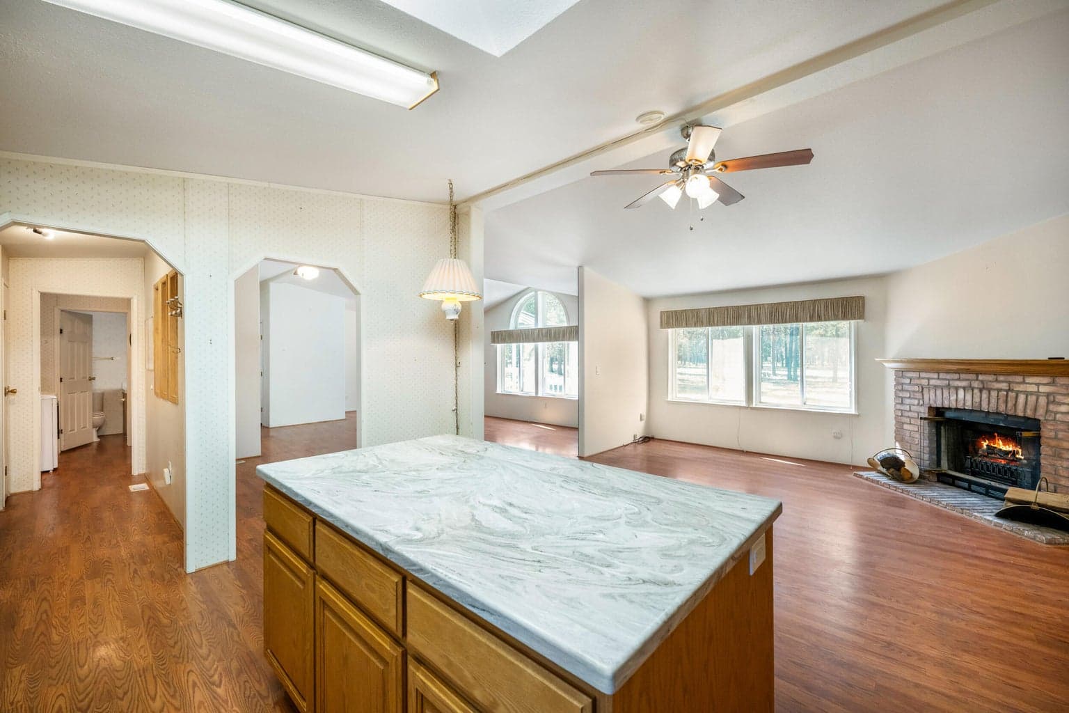 Kitchen Island, Gas Fireplace in Family Room