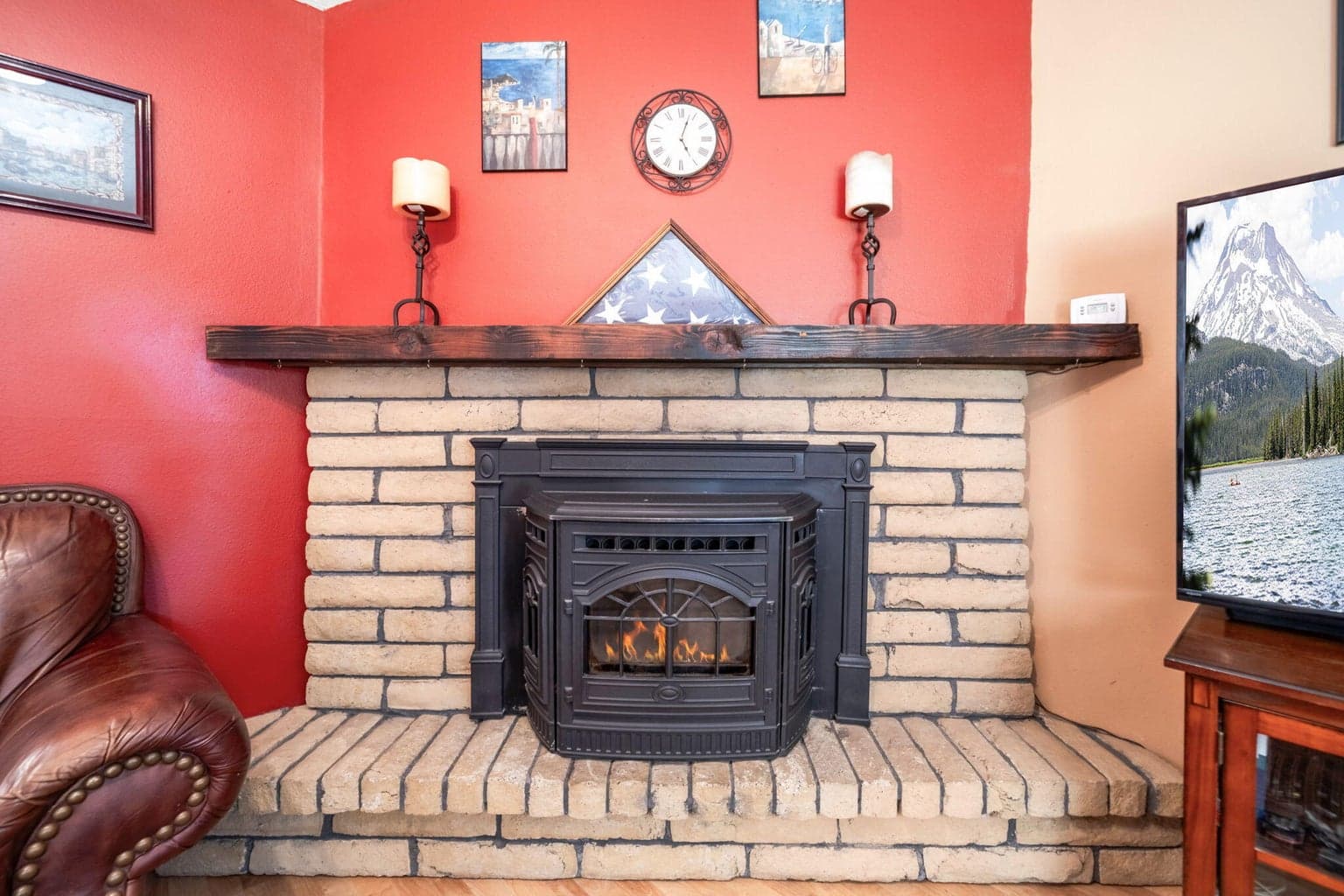 Pellet stove in sunken living room