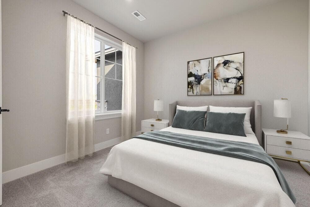 Bed 1. Images of like kind room and have been virtually staged. colors may vary.