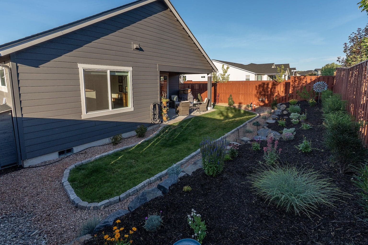 Private rear yard with large covered patio and beautiful landscaping