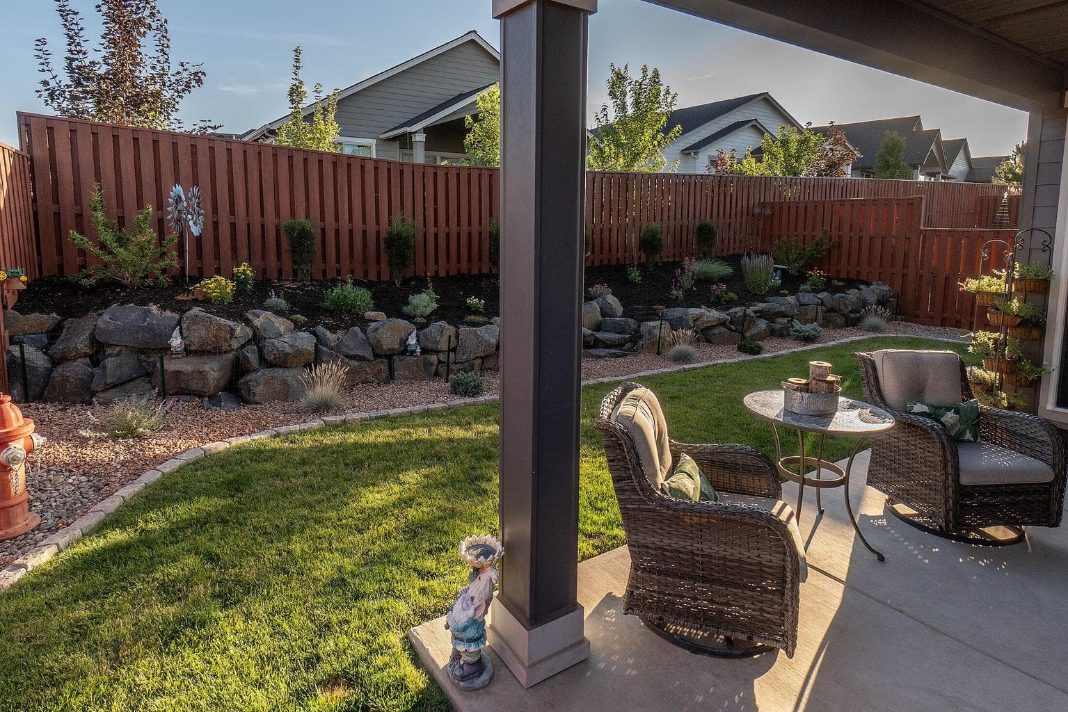 Private rear yard with large covered patio and beautiful landscaping