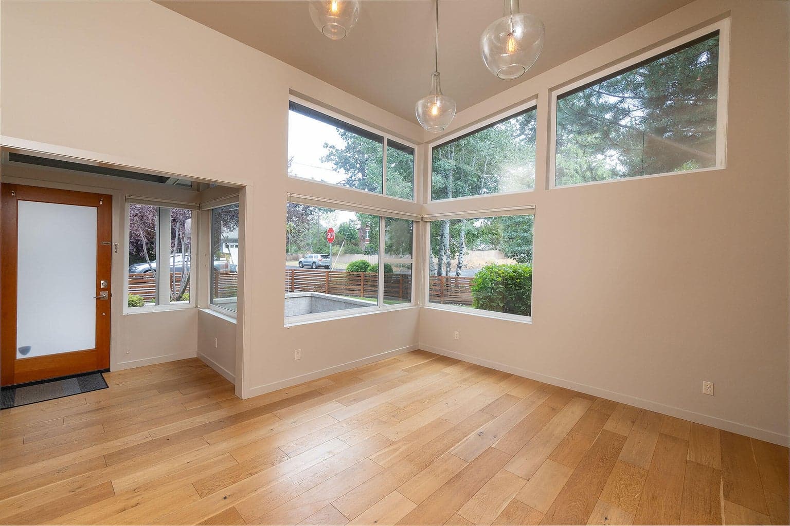 Living area with high ceilings