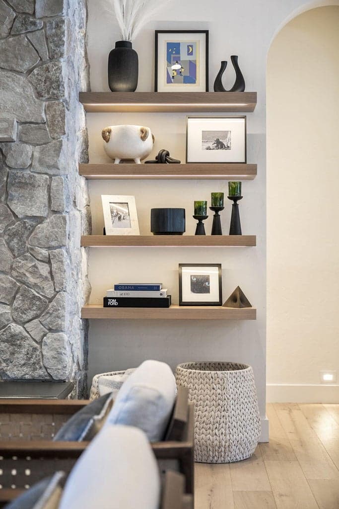 Custom floating shelves with underlighting