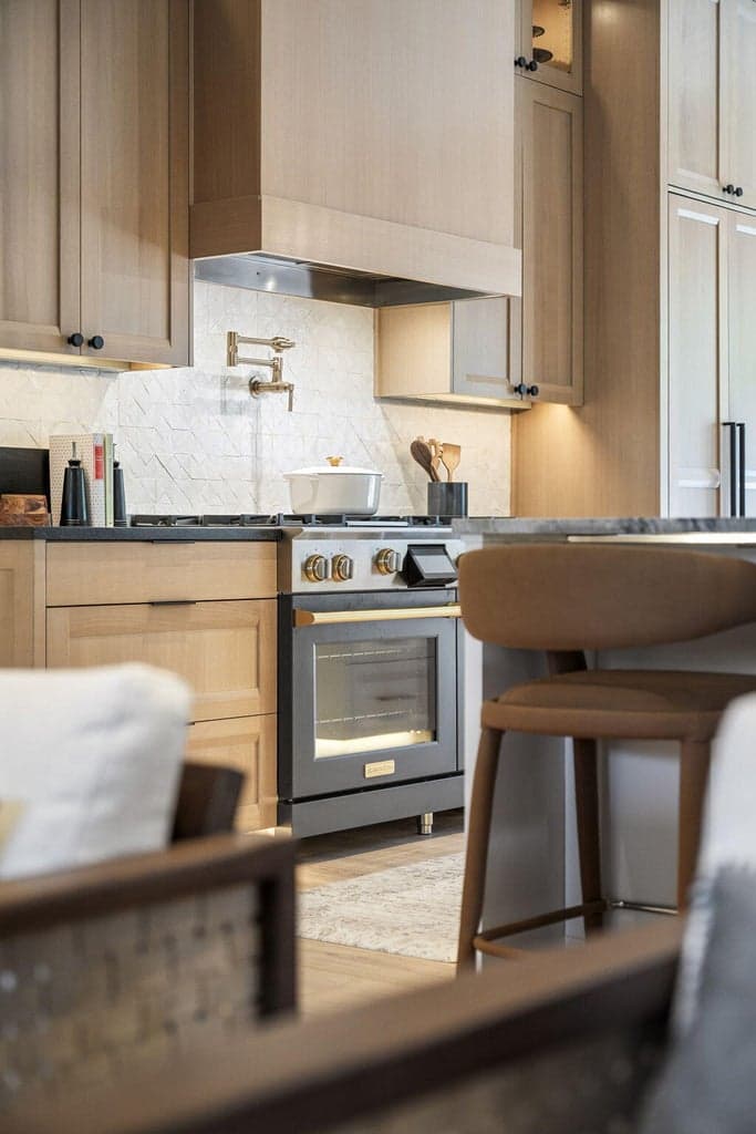 Custom white oak cabinetry and built in Bluestar fridge