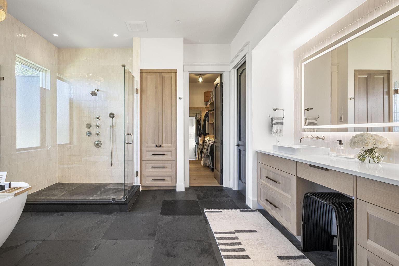 Heated floors and Moen bidet commode keep you cozy in all seasons