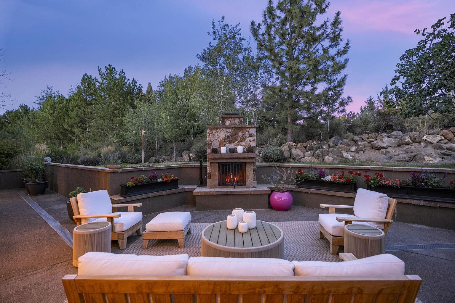 Back patio is a wildlife watching dream, especially with the gas assist wood burning fireplace