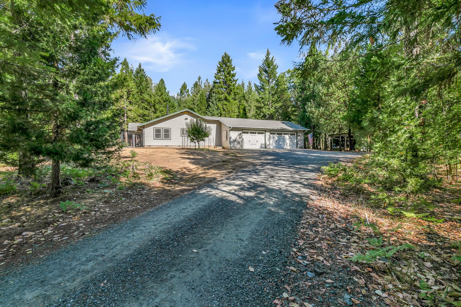Peaceful forested location. Ditch Creek Rd is paved. Private driveway is gravel.